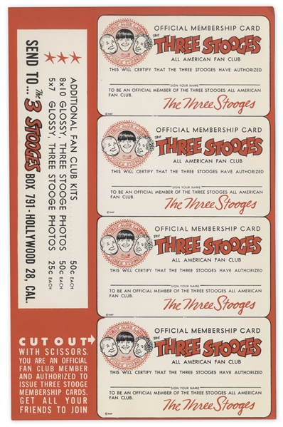 Moe Howard Lot of 13 Fan Club Kits -- Each Kit Includes Four Membership Cards, Sheet of Stamps, Certificate, Two 7'' x 5.25'' Photos With Curly Joe, & Letter in 9'' x 6'' Envelope -- Very Good